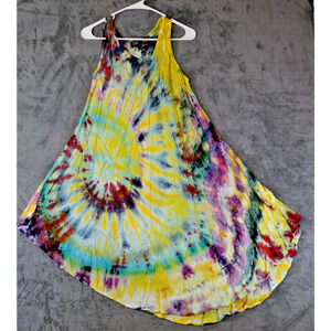 S.R. Fashion Free Size Rayon Sundress Embroidered Tie-Dye Rainbow Swirl Boho Ind
